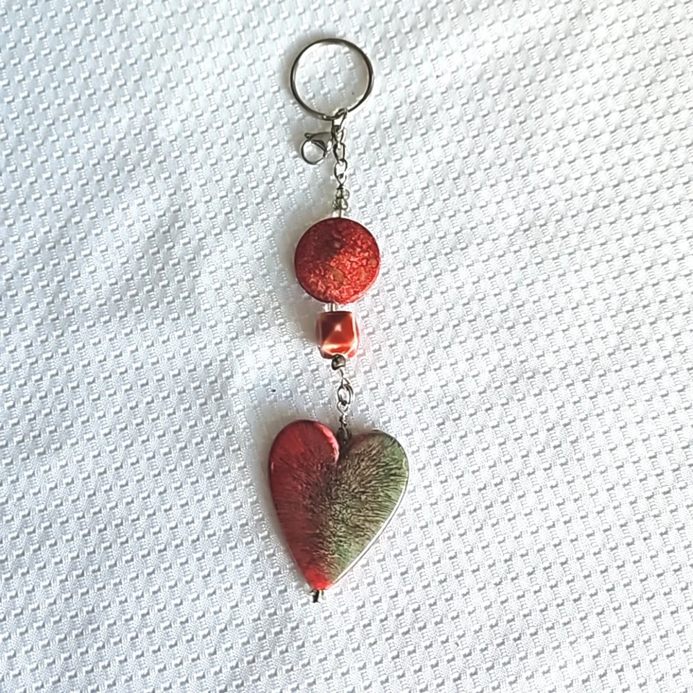 Heartfelt Red and Green Heart Charm Keychain, Keyring, Handmade